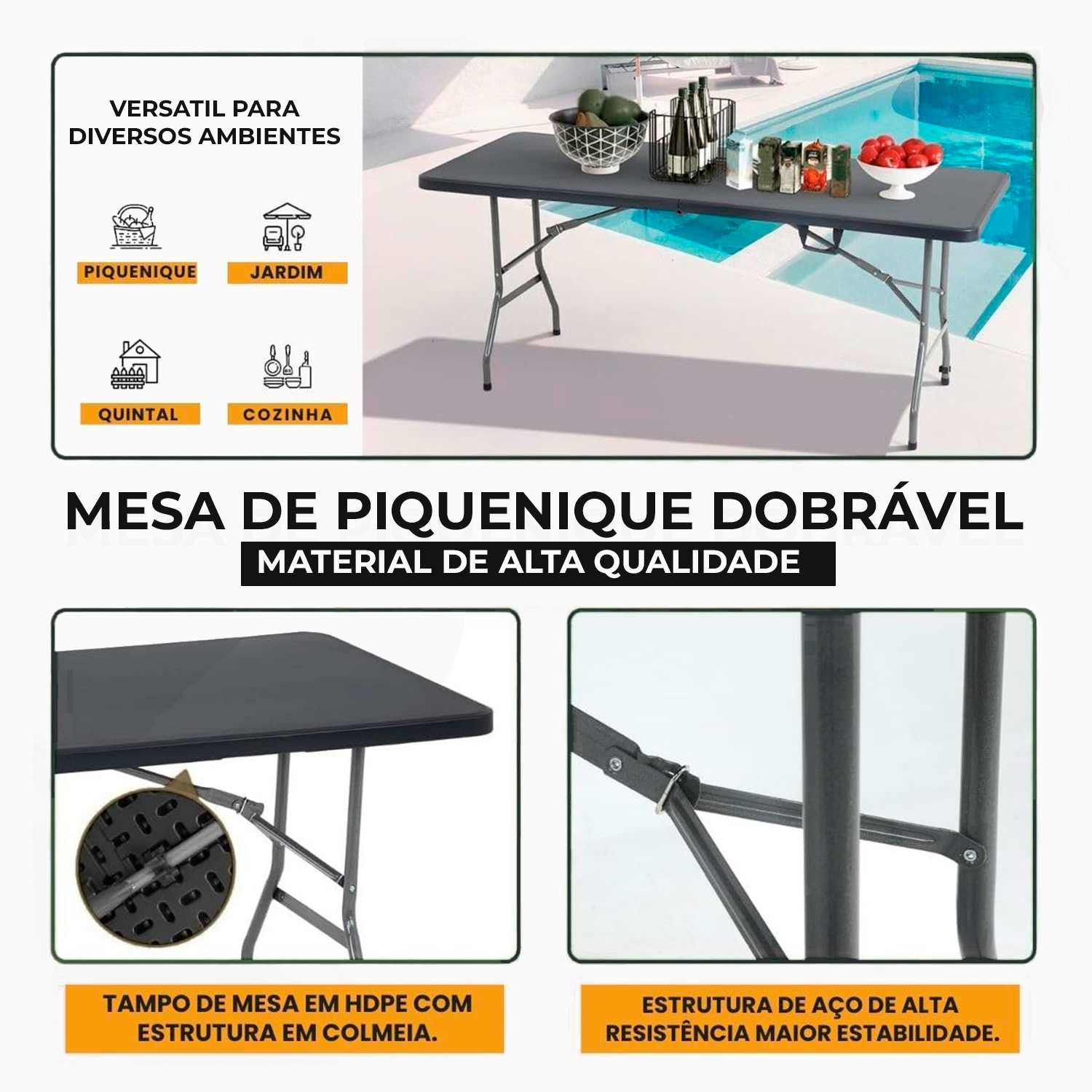 Mesa Retangular Dobrável Multiuso Portátil de Camping 180cm