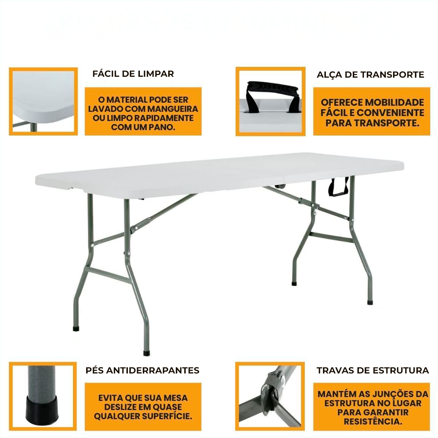 Mesa Retangular Dobrável Multiuso Portátil de Camping 180cm