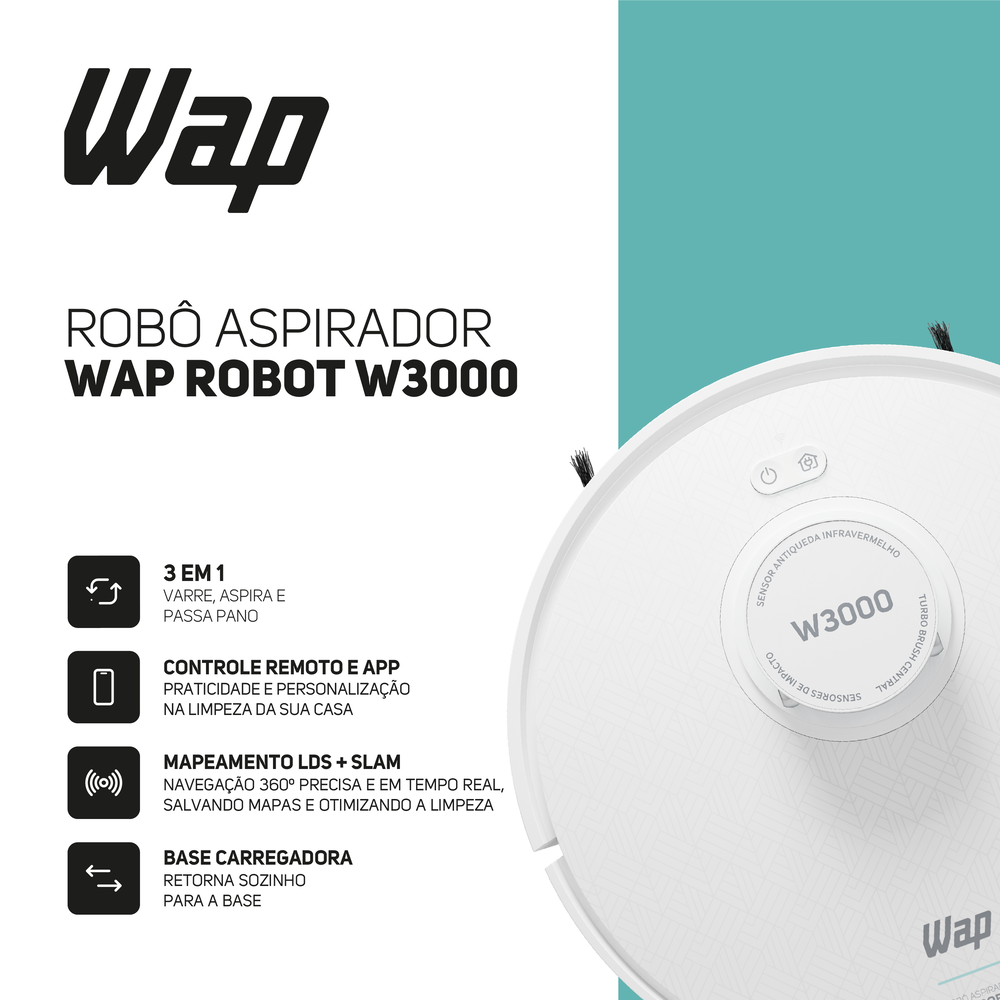 Robô Aspirador Pó Wap Robot W3000 Inteligente Bivolt 48W