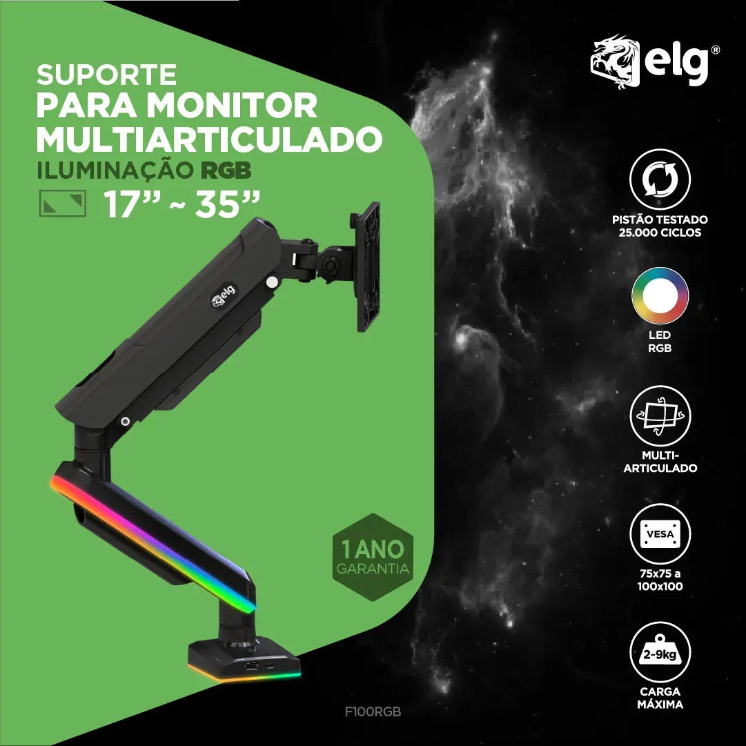 Suporte Articulado de Mesa ELG Gamer RGB F100RGB 17” a 35”