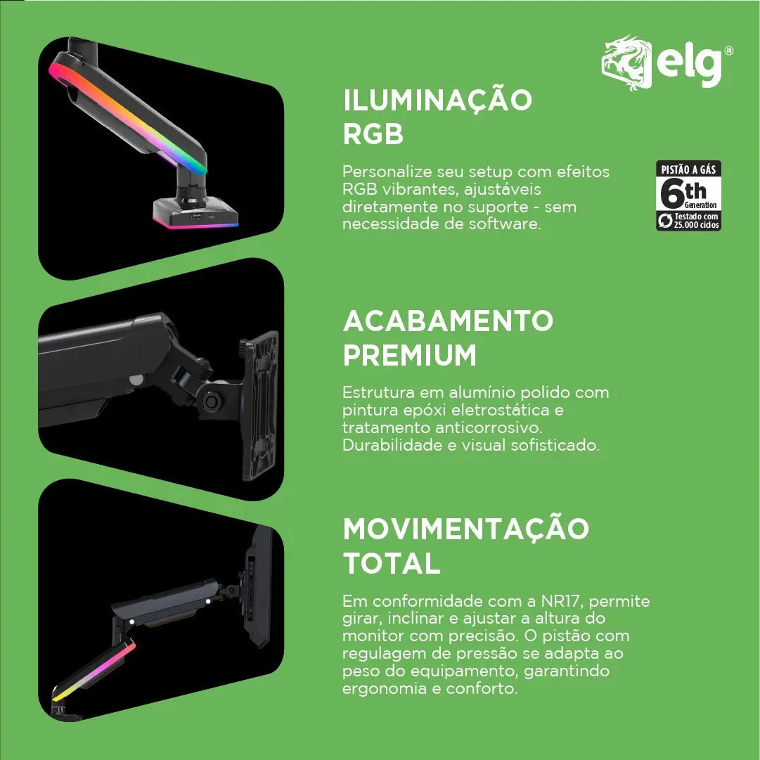 Suporte Articulado de Mesa ELG Gamer RGB F100RGB 17” a 35”