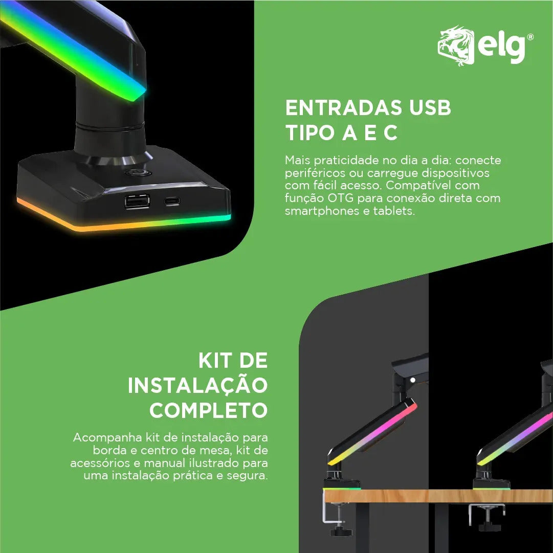 Suporte Articulado de Mesa ELG Gamer RGB F100RGB 17” a 35”