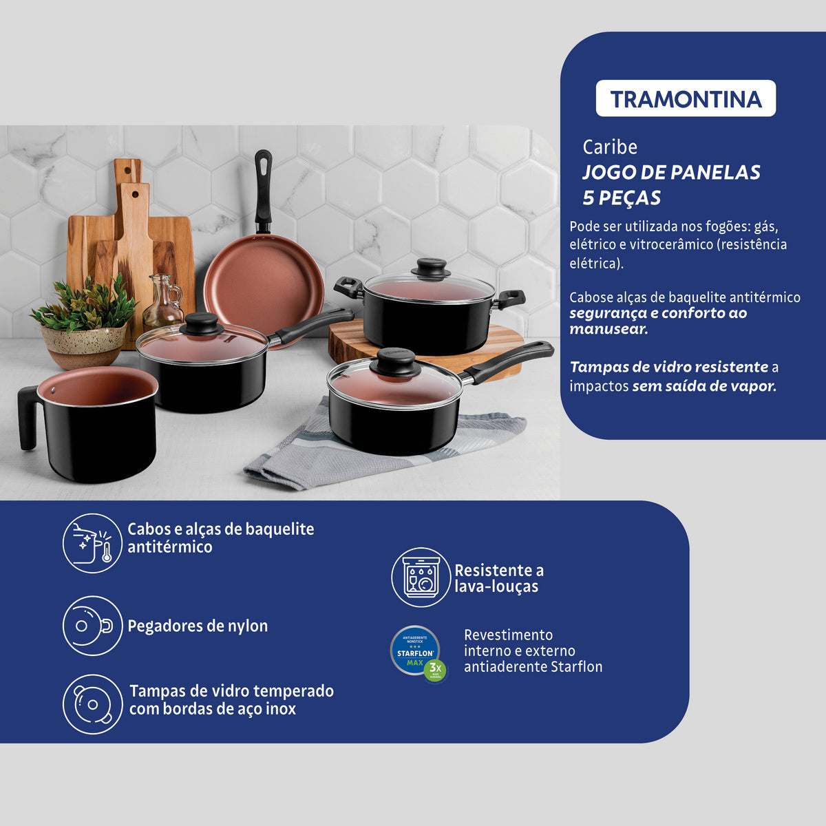 Jogo de Panelas Tramontina Caribe 5 Peças Antiaderente