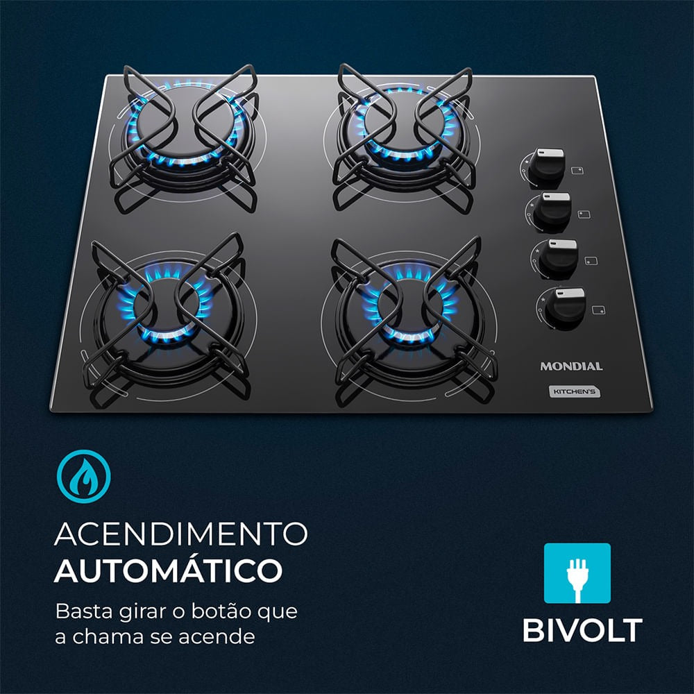 Fogão Cooktop a Gás Mondial CTG-01 Preto e Inoxidável 127V/220V