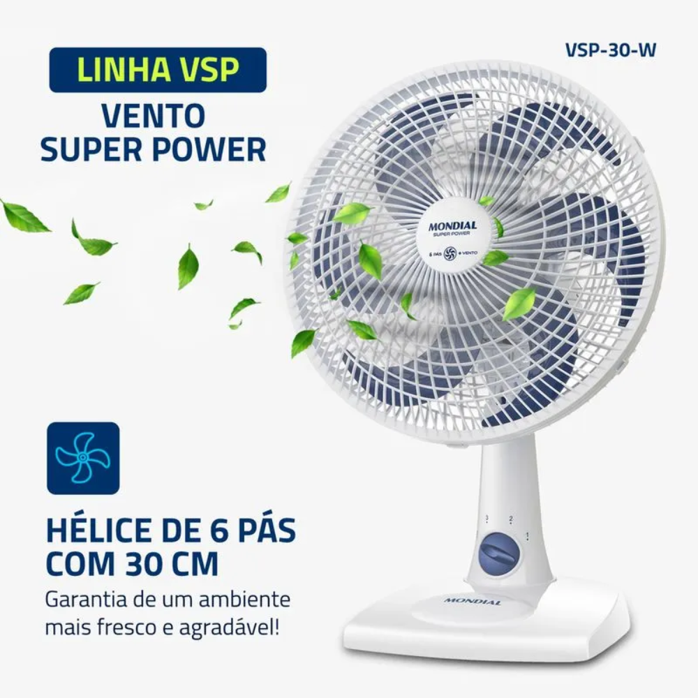 Ventilador de Mesa Mondial 30cm VSP-30-W 3 Velocidades 6 Pás