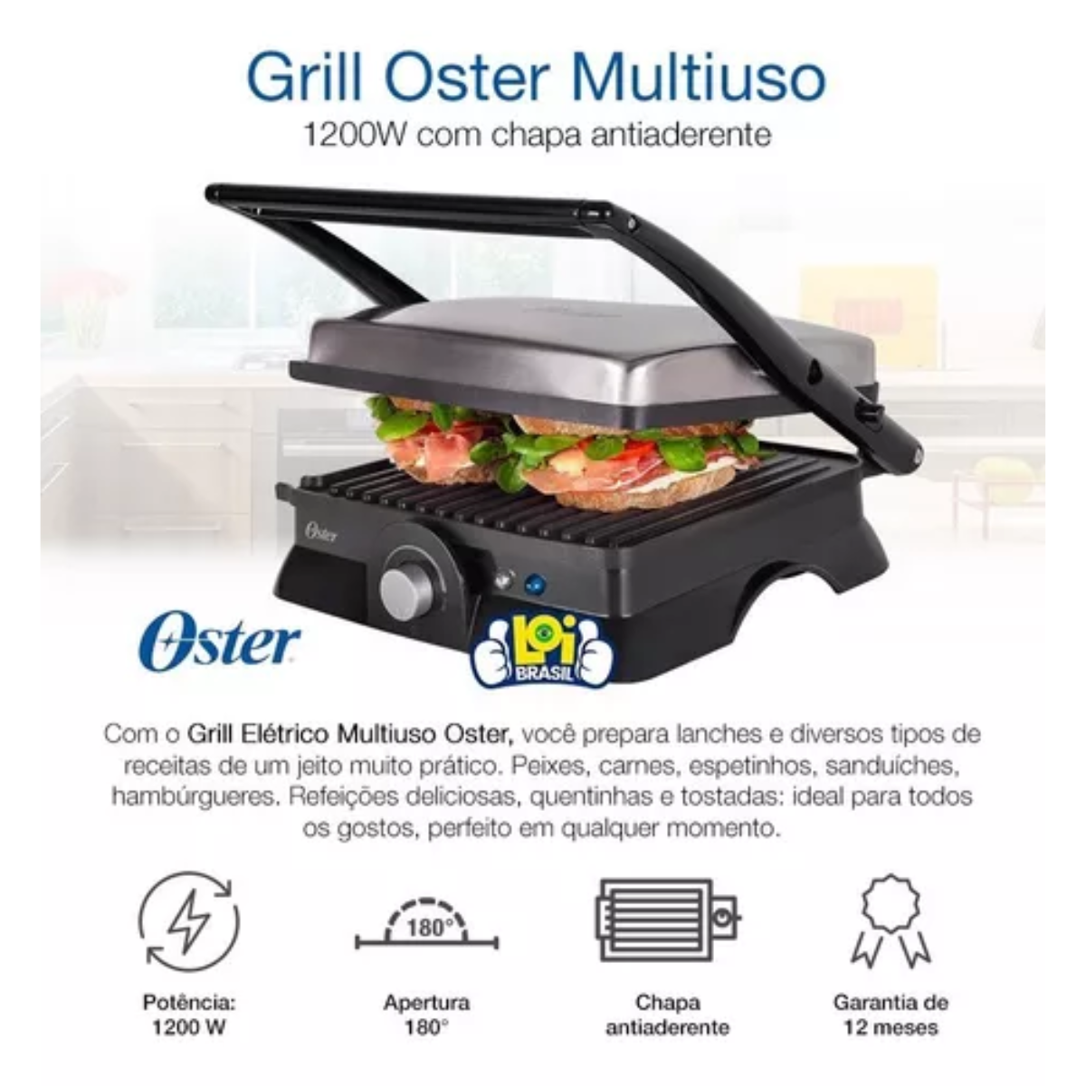 Grill Elétrico Multiuso Oster Ogrl210 2 Em 1 Antiaderente 1200w