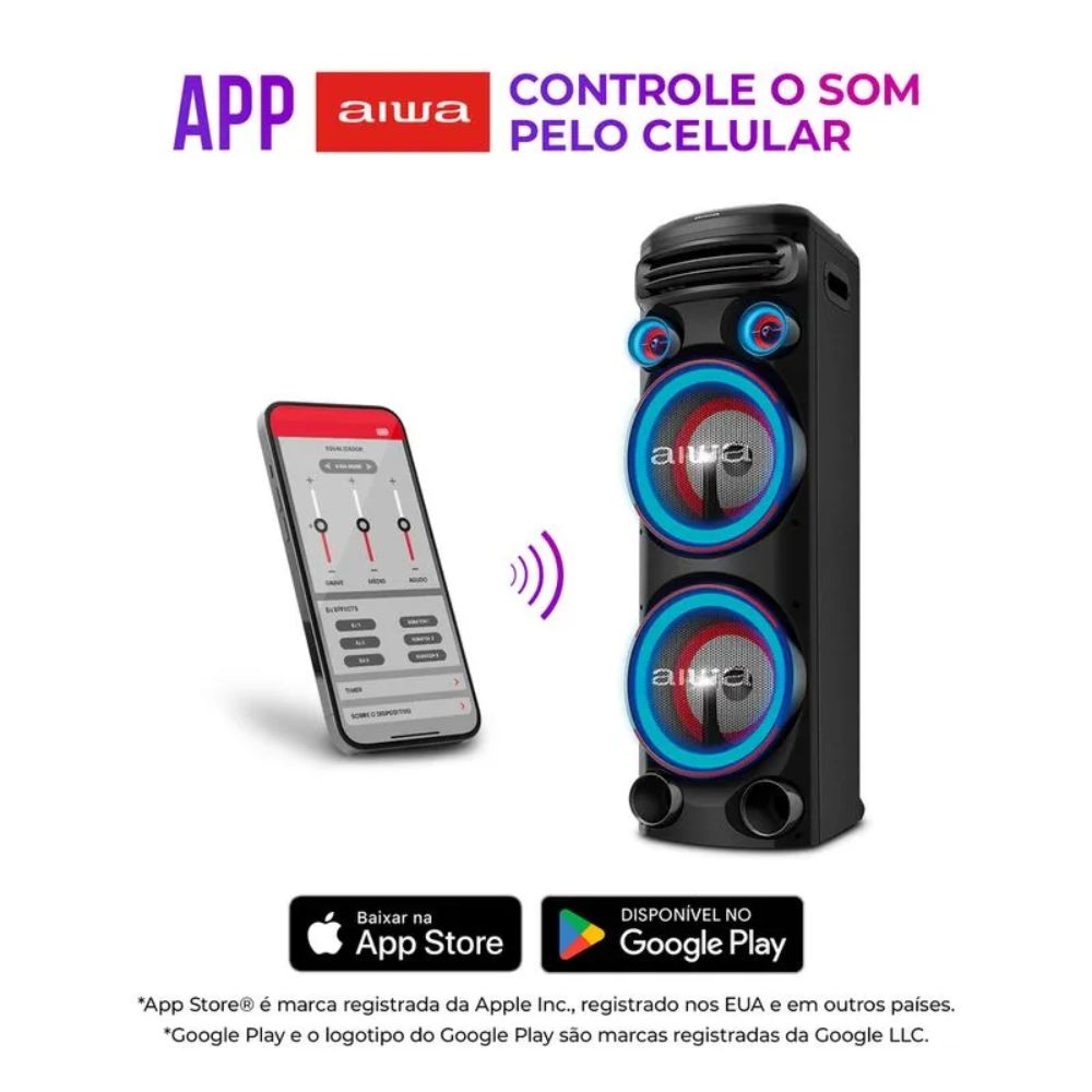 Torre De Som Aiwa T2w-02 2200w 2 Woofers Rgb Bluetooth Tws