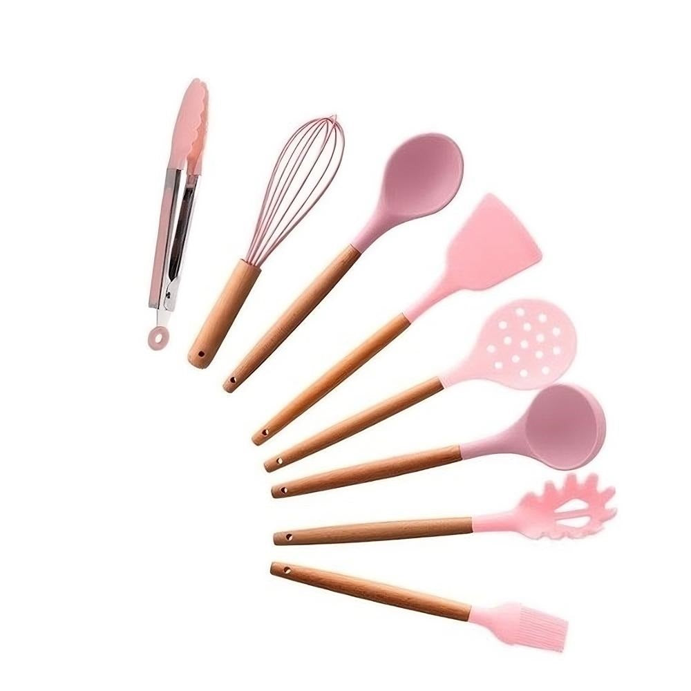 Conjunto De 8 Utensilios Lyor Silicone Cabo De Bambu