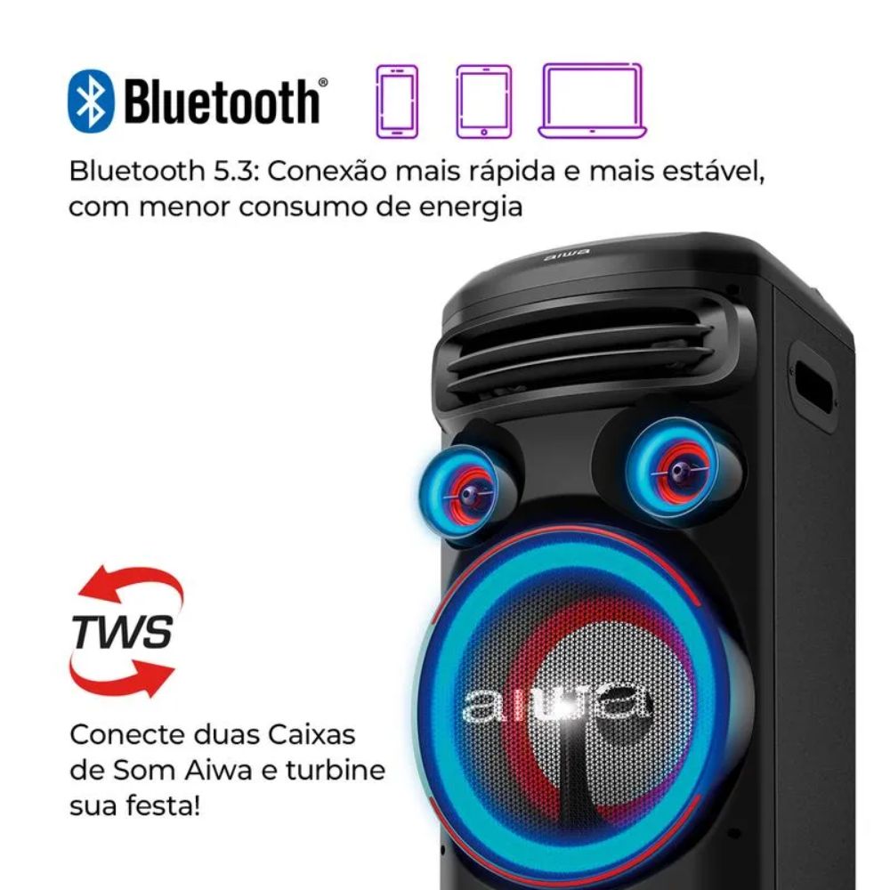 Torre De Som Aiwa T2w-02 2200w 2 Woofers Rgb Bluetooth Tws