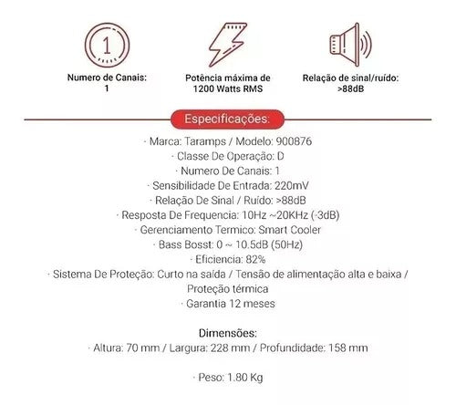 Modulo Amplificador Taramps Md 1200.1 4 Ohms 1 Canal