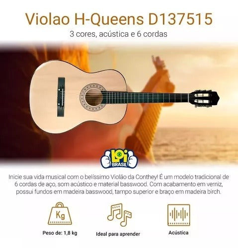 Violão Musical Para Iniciantes Acústico Queens Bege