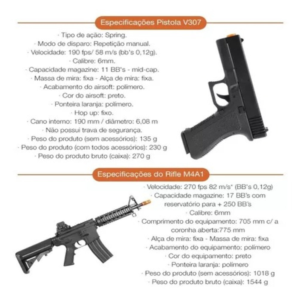 Rifle M4a1 + Pistola Airsoft Vigor V307 + Esferas 0,12g 4.3