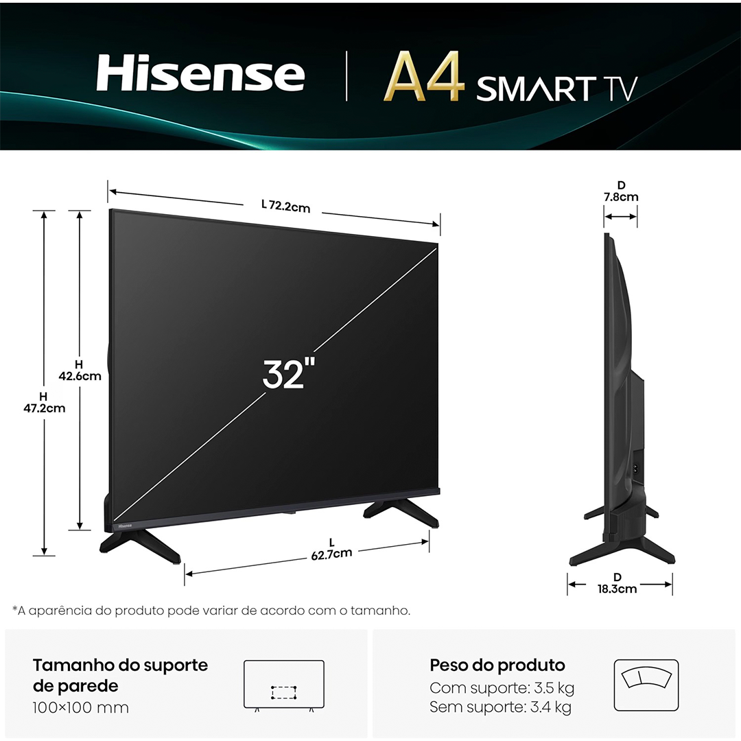 Smart Tv Hisense HD 32” 32A4NV IA HDR10 VIDAA U9