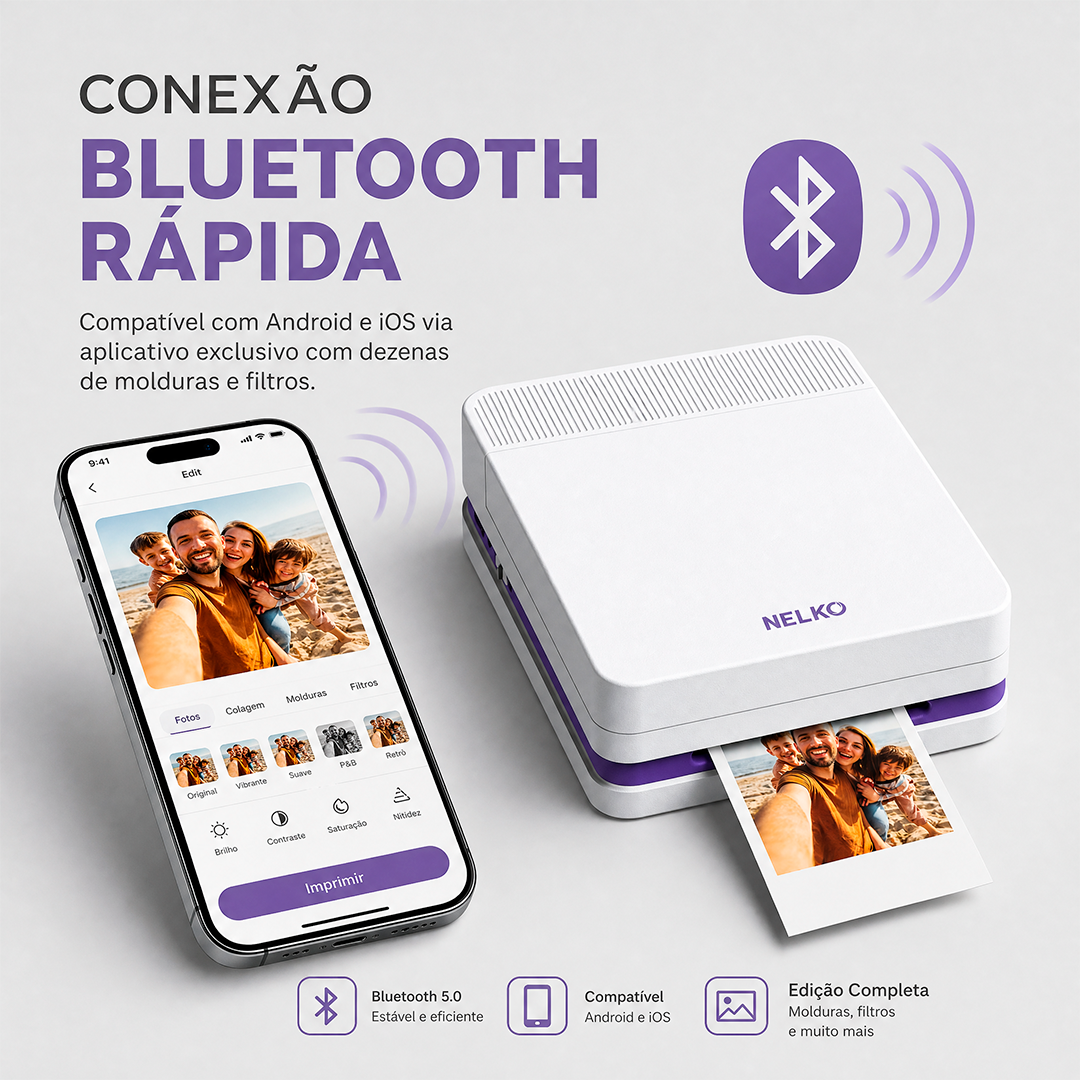 Mini Impressora Fotográfica NELKO Portátil PP03 Bluetooth para Celular