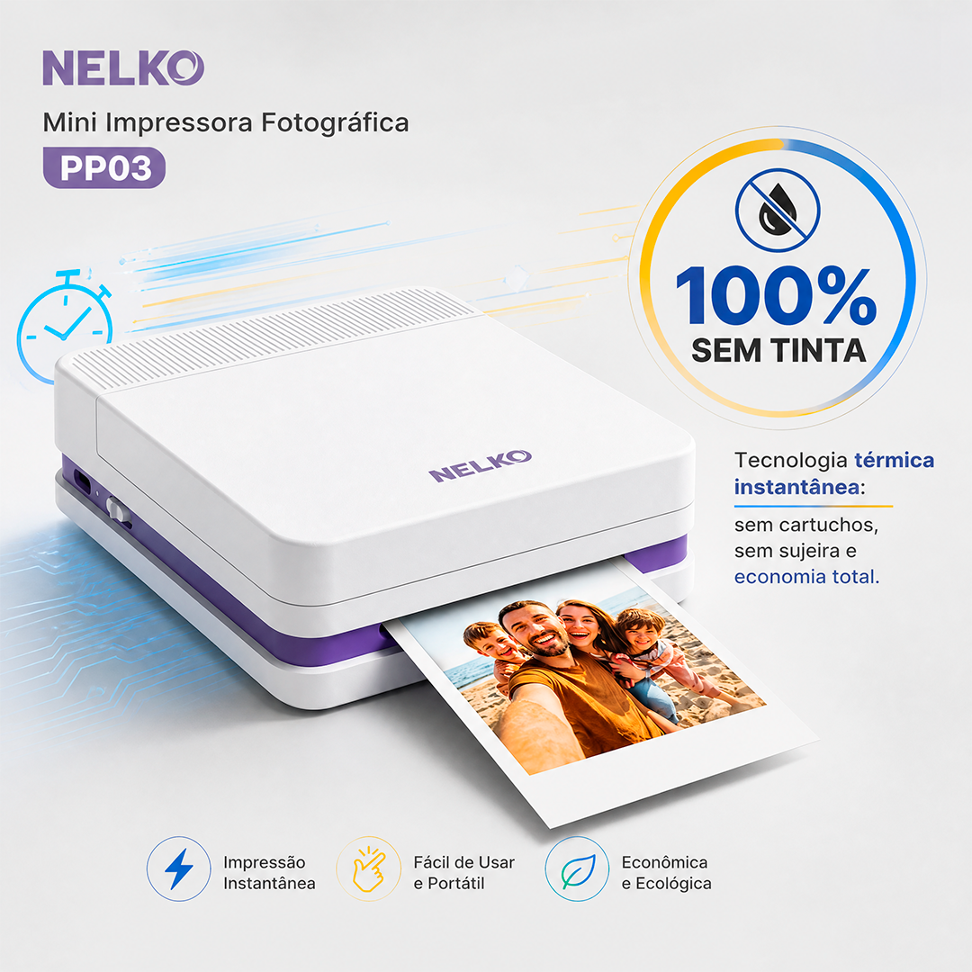 Mini Impressora Fotográfica NELKO Portátil PP03 Bluetooth para Celular