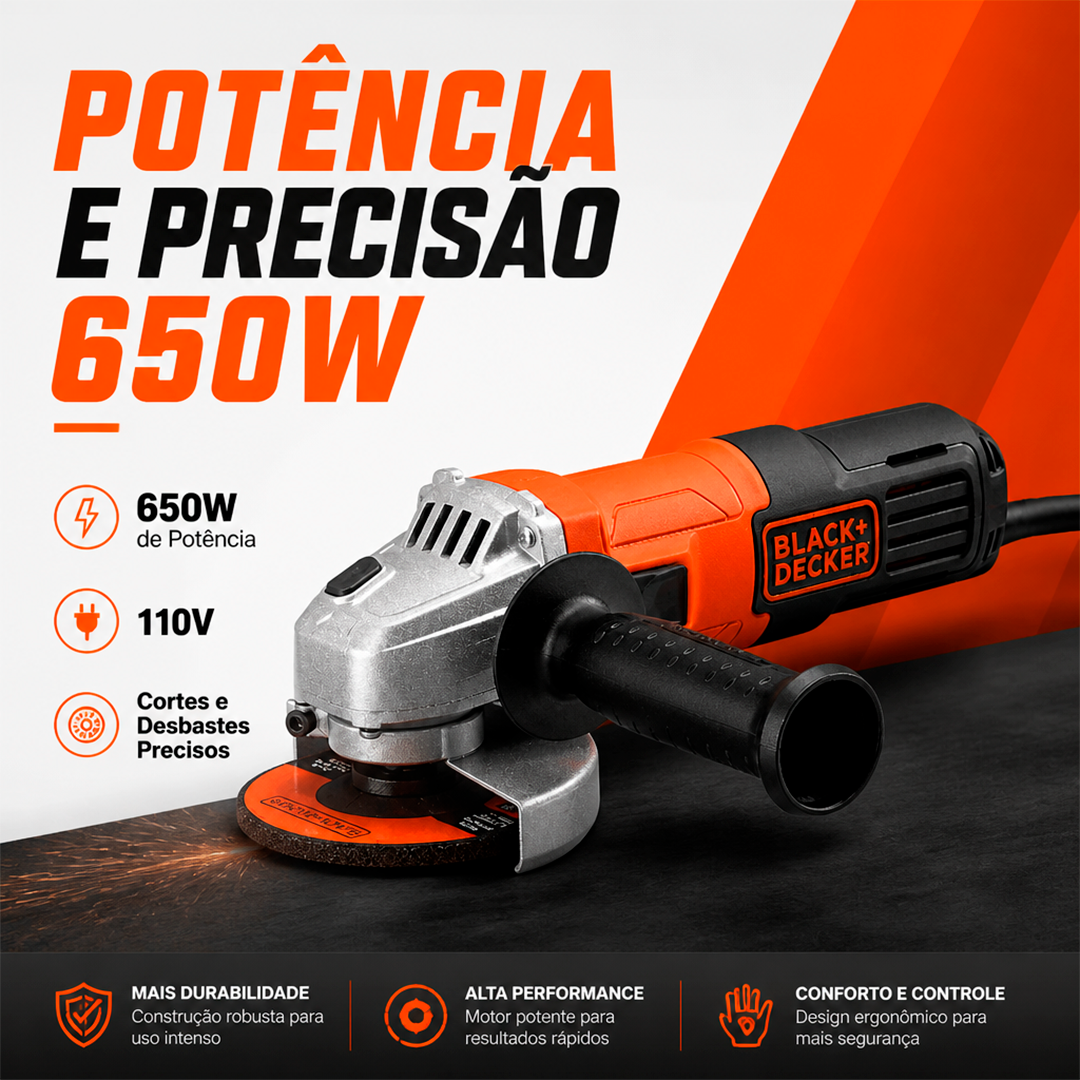 Esmerilhadeira Angular Black+Decker G650-BR 4.1/2” 115mm 650W
