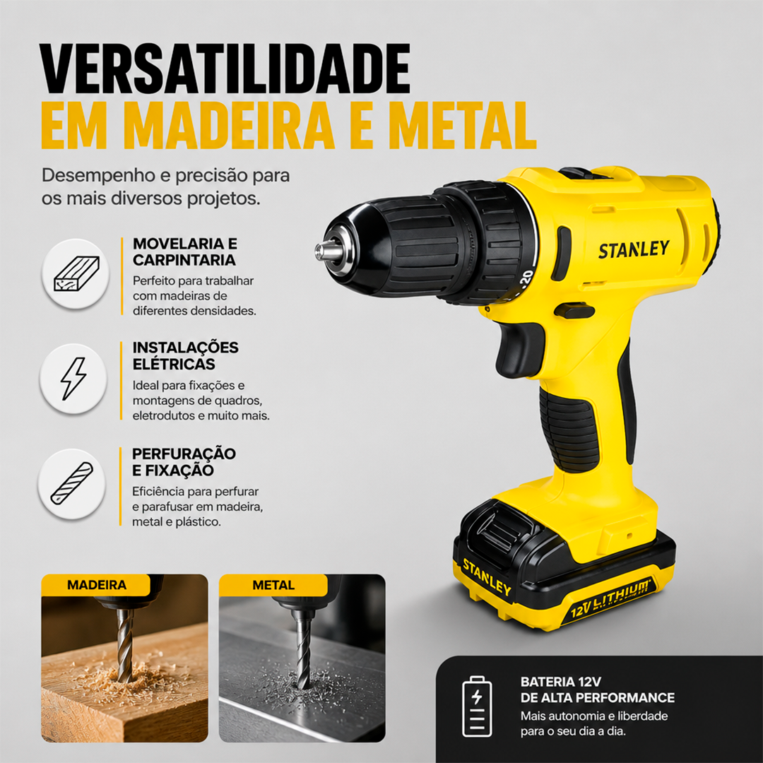 Furadeira e Parafusadeira Impacto Stanley SCD121S2K-BR 3/8”