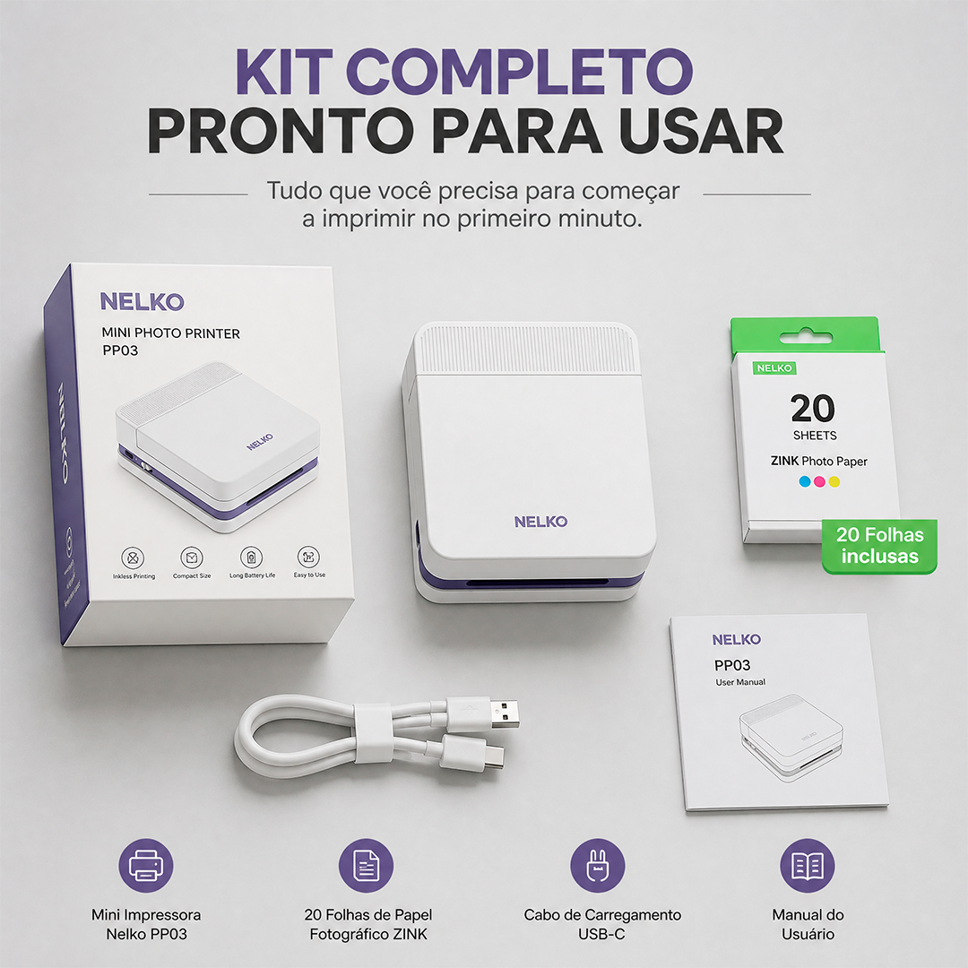 Mini Impressora Fotográfica NELKO Portátil PP03 Bluetooth para Celular