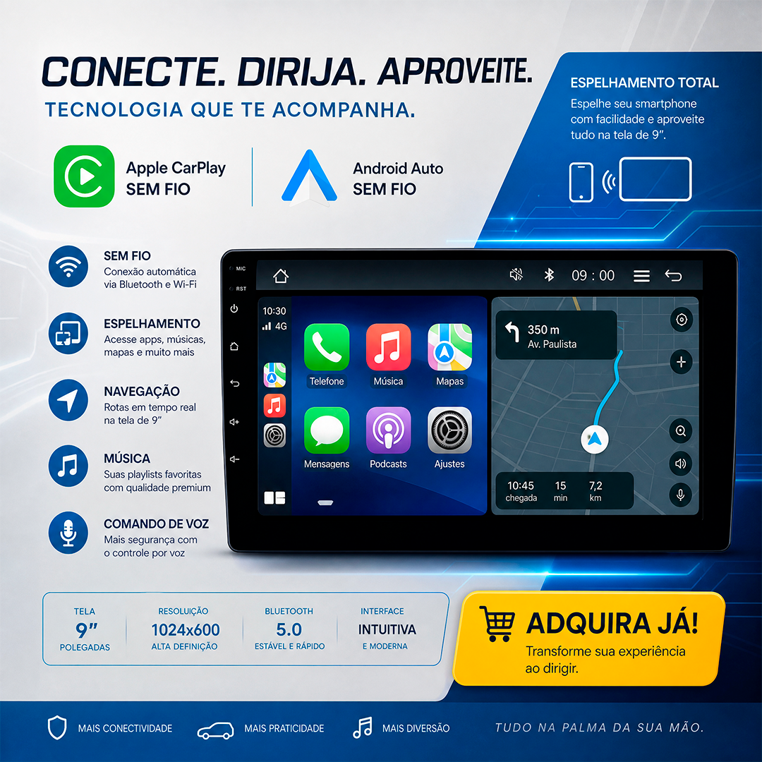 Multimidia Roadstar RS9200BR 9” Pro Line CarPlay Sem Fio