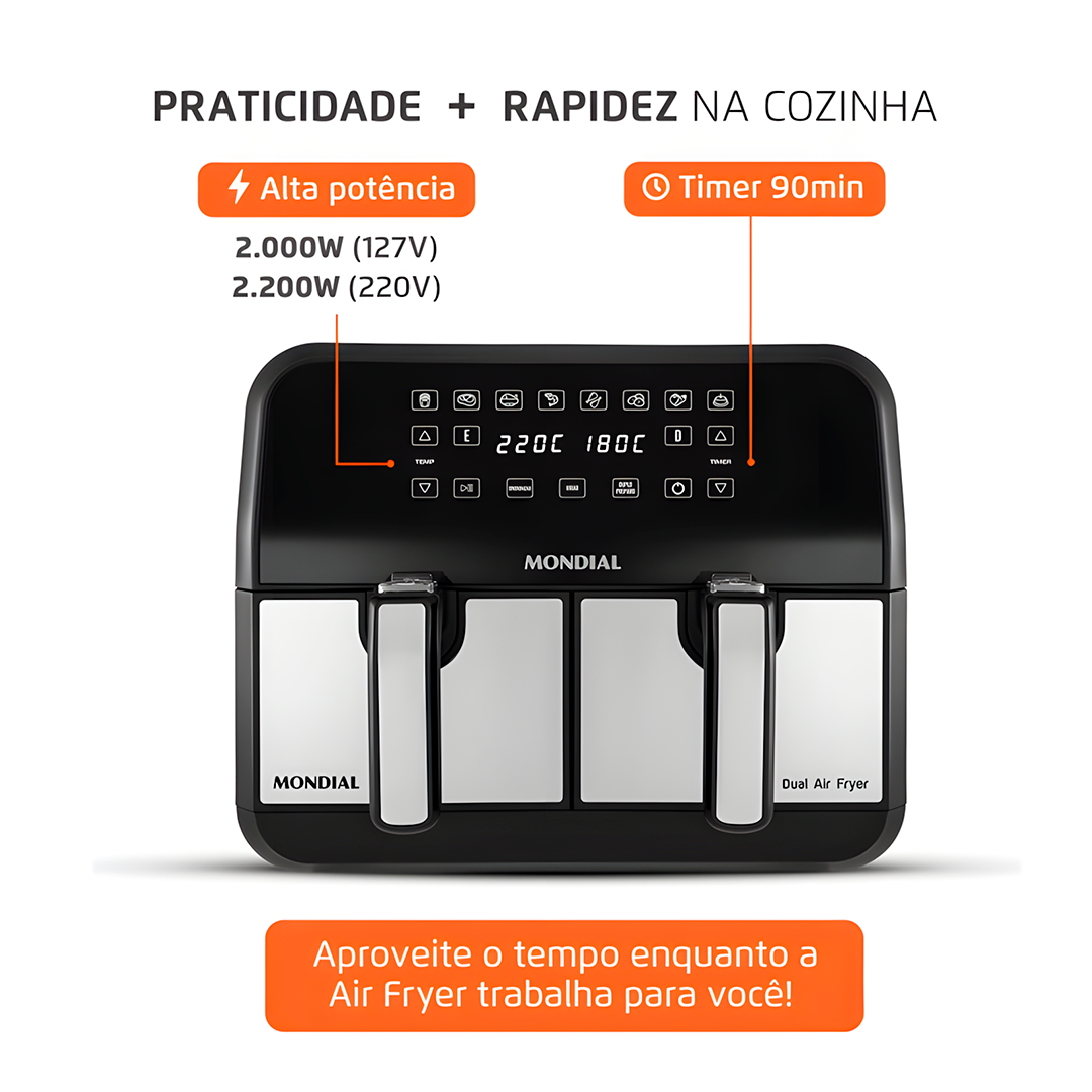 Fritadeira Air Fryer Mondial AFD-01-BI Duplo Cesto 8L 2000W