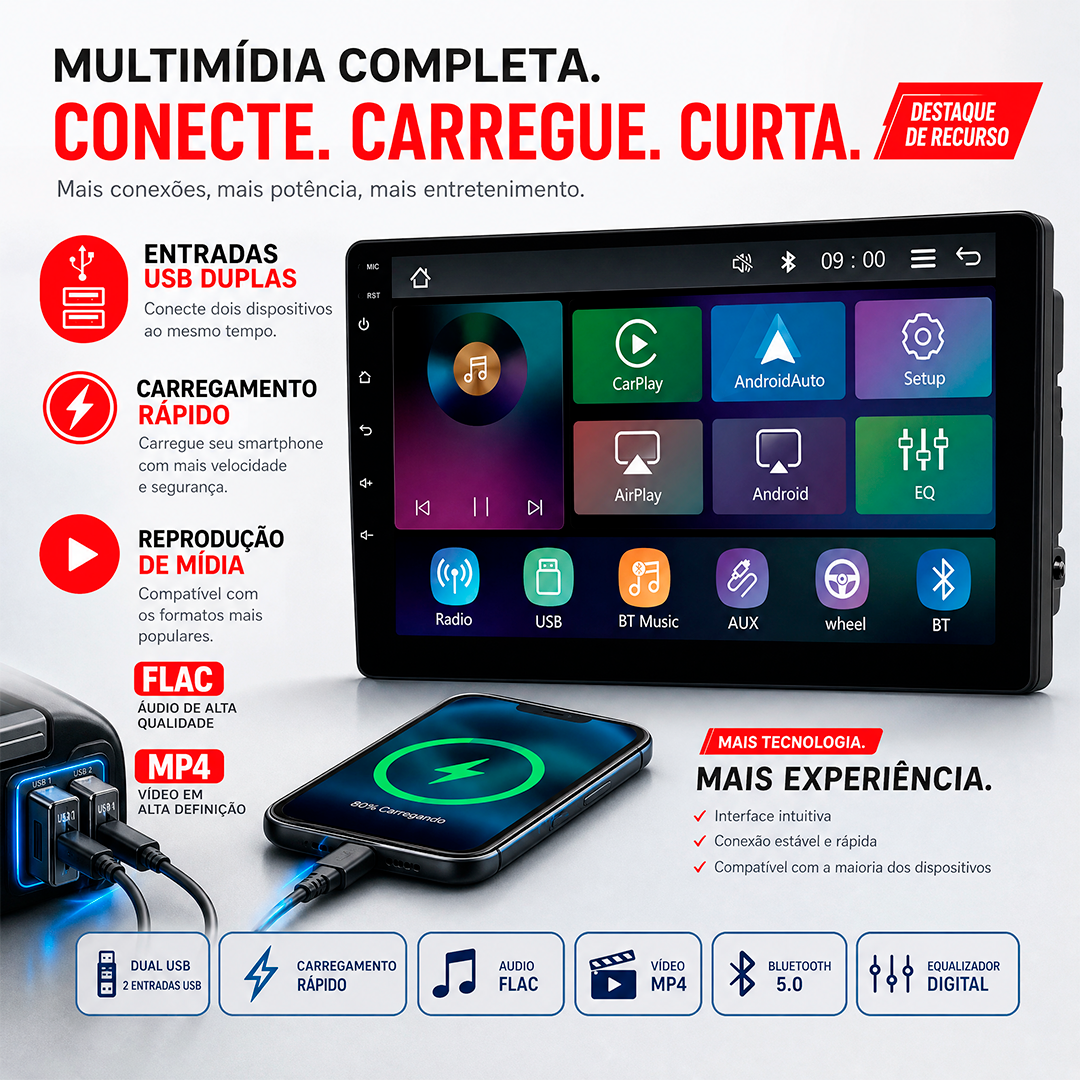 Multimidia Roadstar RS9200BR 9” Pro Line CarPlay Sem Fio