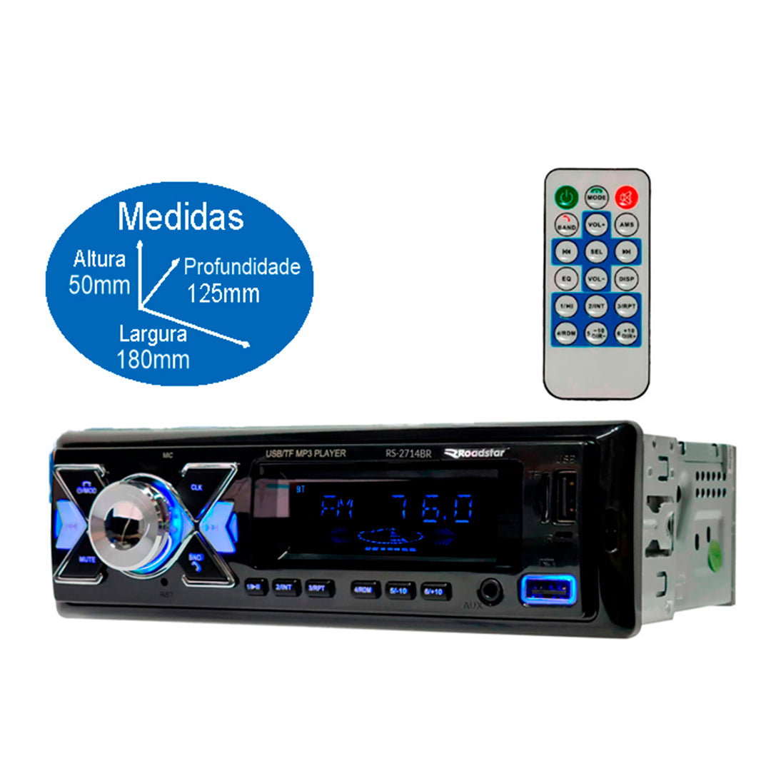 Rádio Automotivo Bluetooth Roadstar RS2714BR FM USB SD 55W