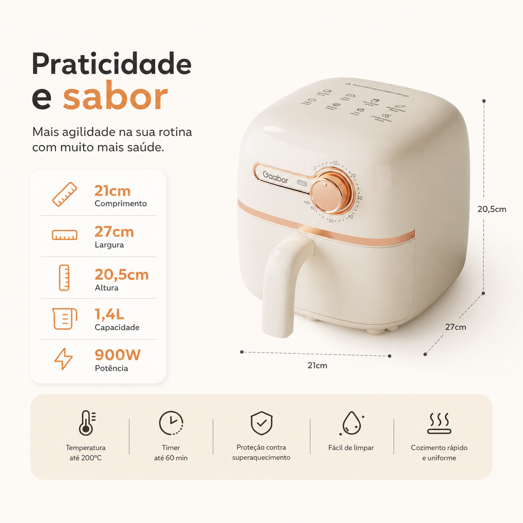 Fritadeira Elétrica Air Fryer Gaabor F20M-YE01A-1 1,4L 900W