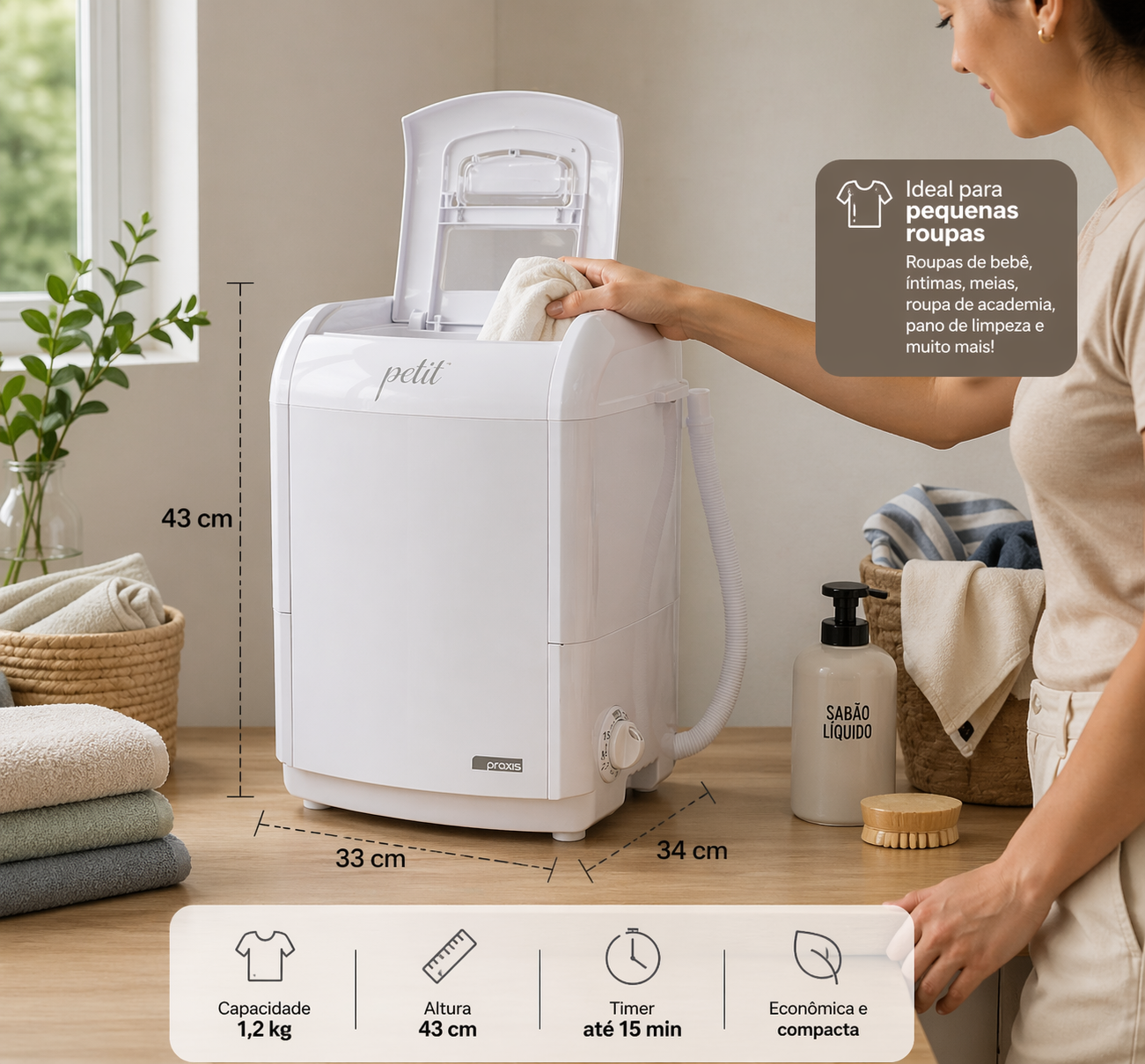 Mini Lavadora Portátil Praxis Petit 1,2kg Semiautomática 50W