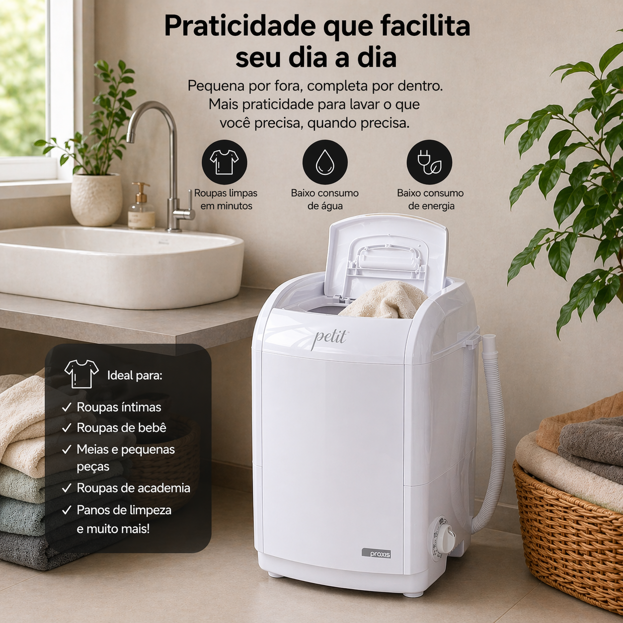 Mini Lavadora Portátil Praxis Petit 1,2kg Semiautomática 50W