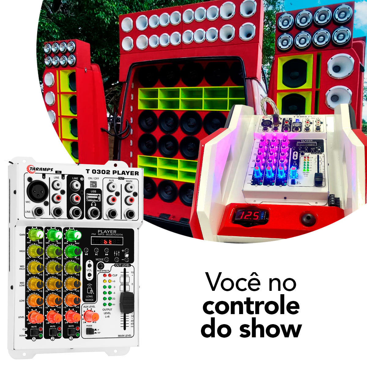 Mesa De Som Taramps T0302 Player 3 Canais 2 Saídas 12v Rgb
