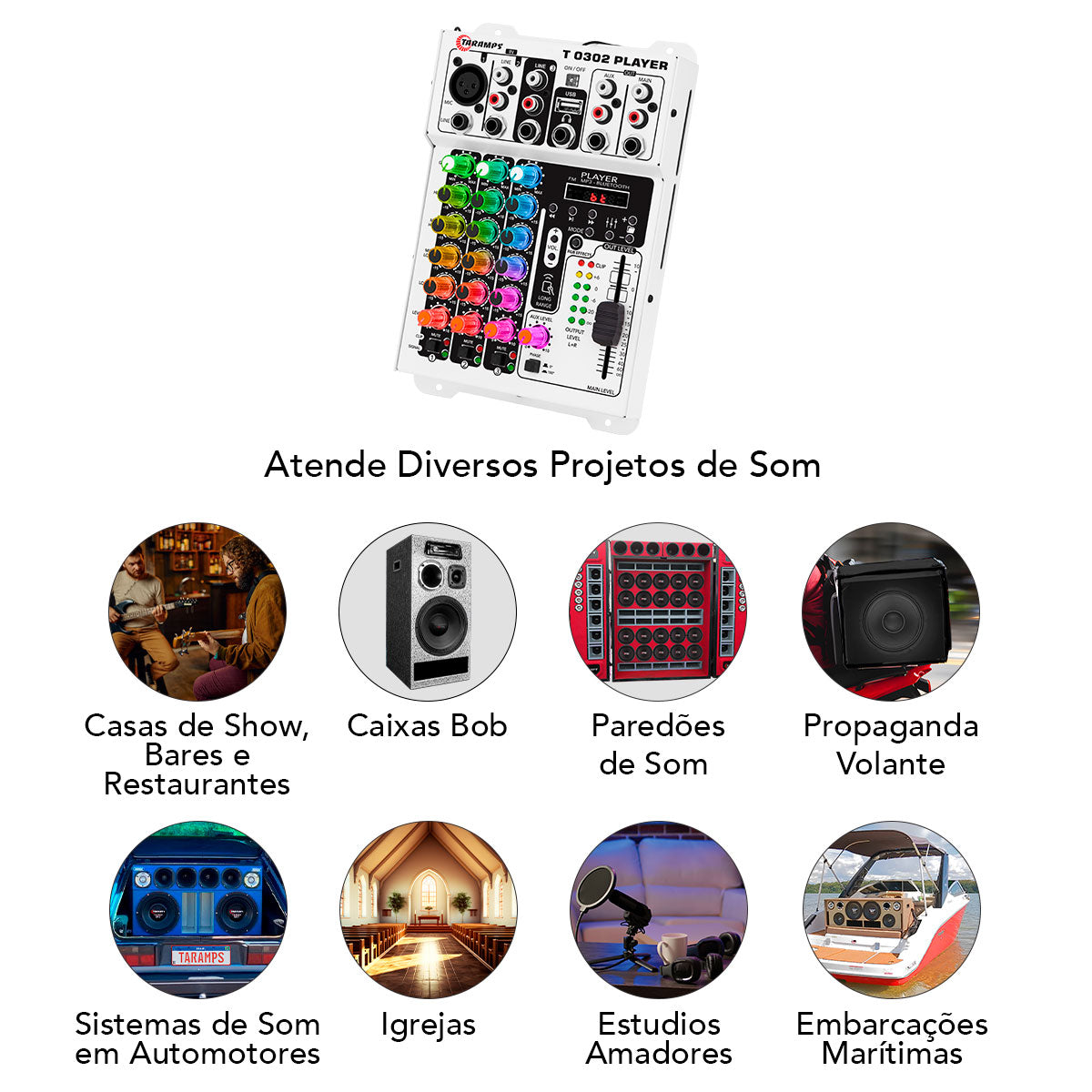 Mesa De Som Taramps T0302 Player 3 Canais 2 Saídas 12v Rgb