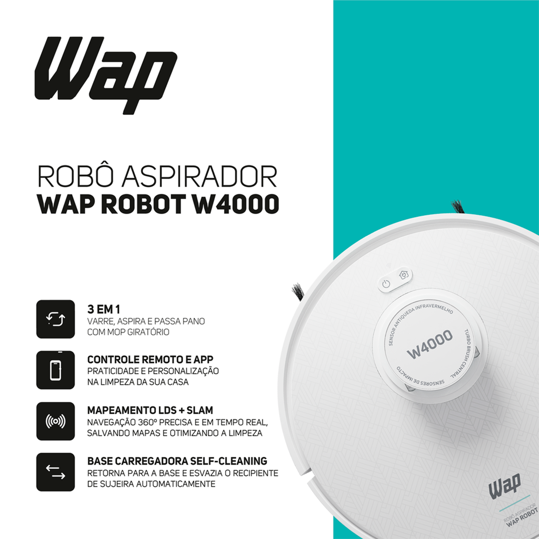 Aspirador Pó Robot WAP W4000 Base Autolimpante Laser Mop 48W