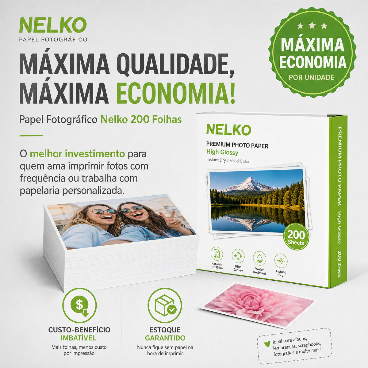 Papel Fotográfico Premium NELKO 200 Folhas 5x9 cm Não Adesivo