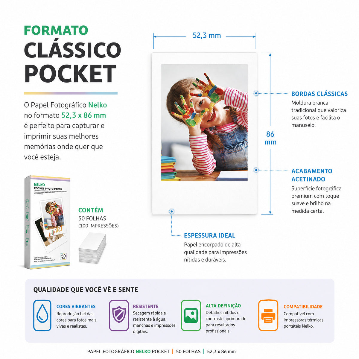 Papel Fotográfico Premium NELKO 50 Folhas 5x9 cm Não Adesivo