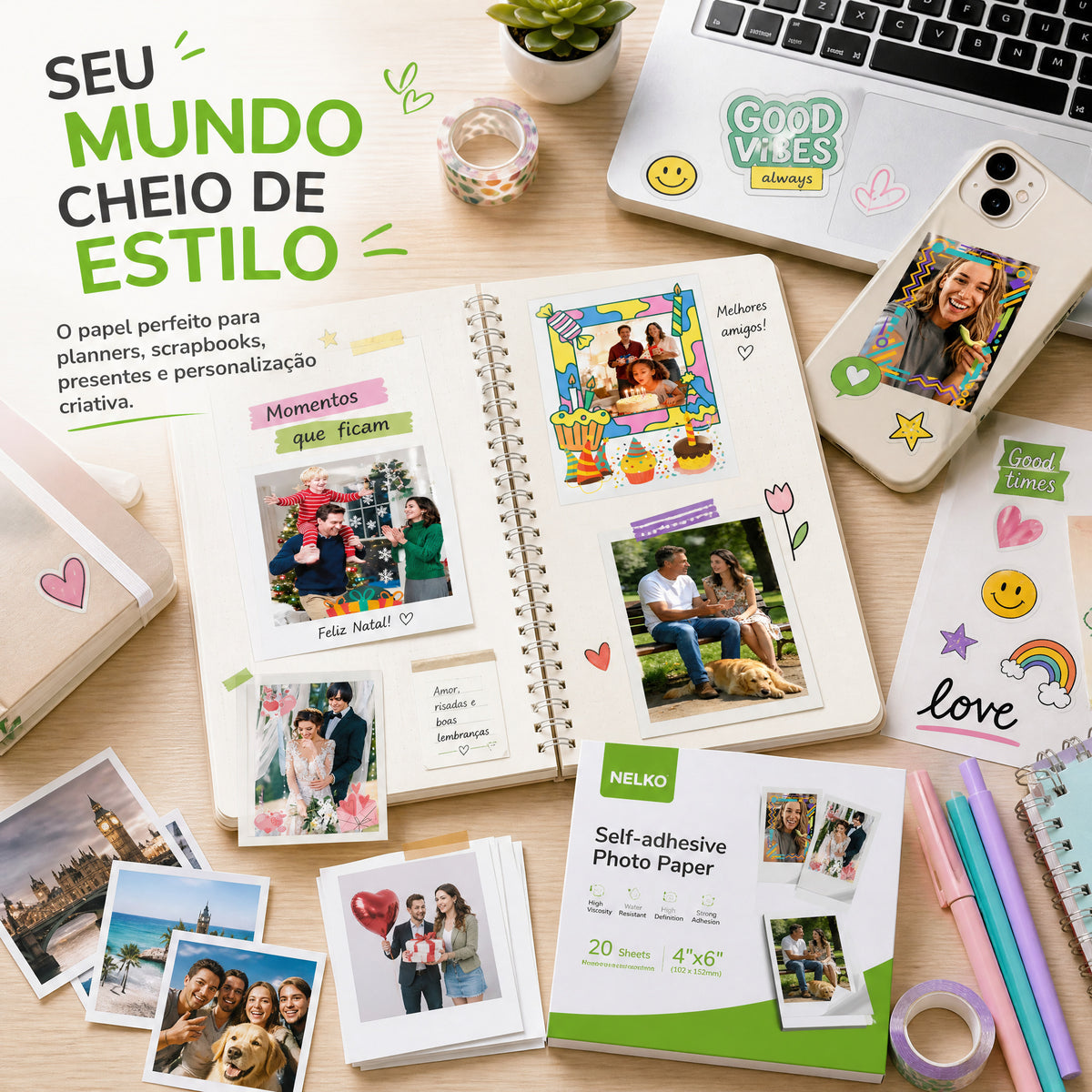 Papel Fotográfico Premium NELKO Adesivo 20 folhas