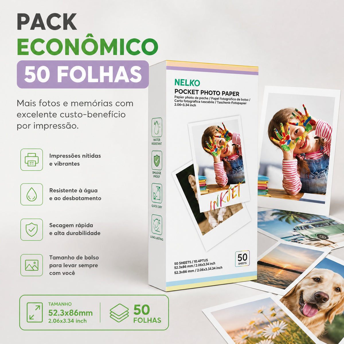 Papel Fotográfico Premium NELKO 50 Folhas 5x9 cm Não Adesivo