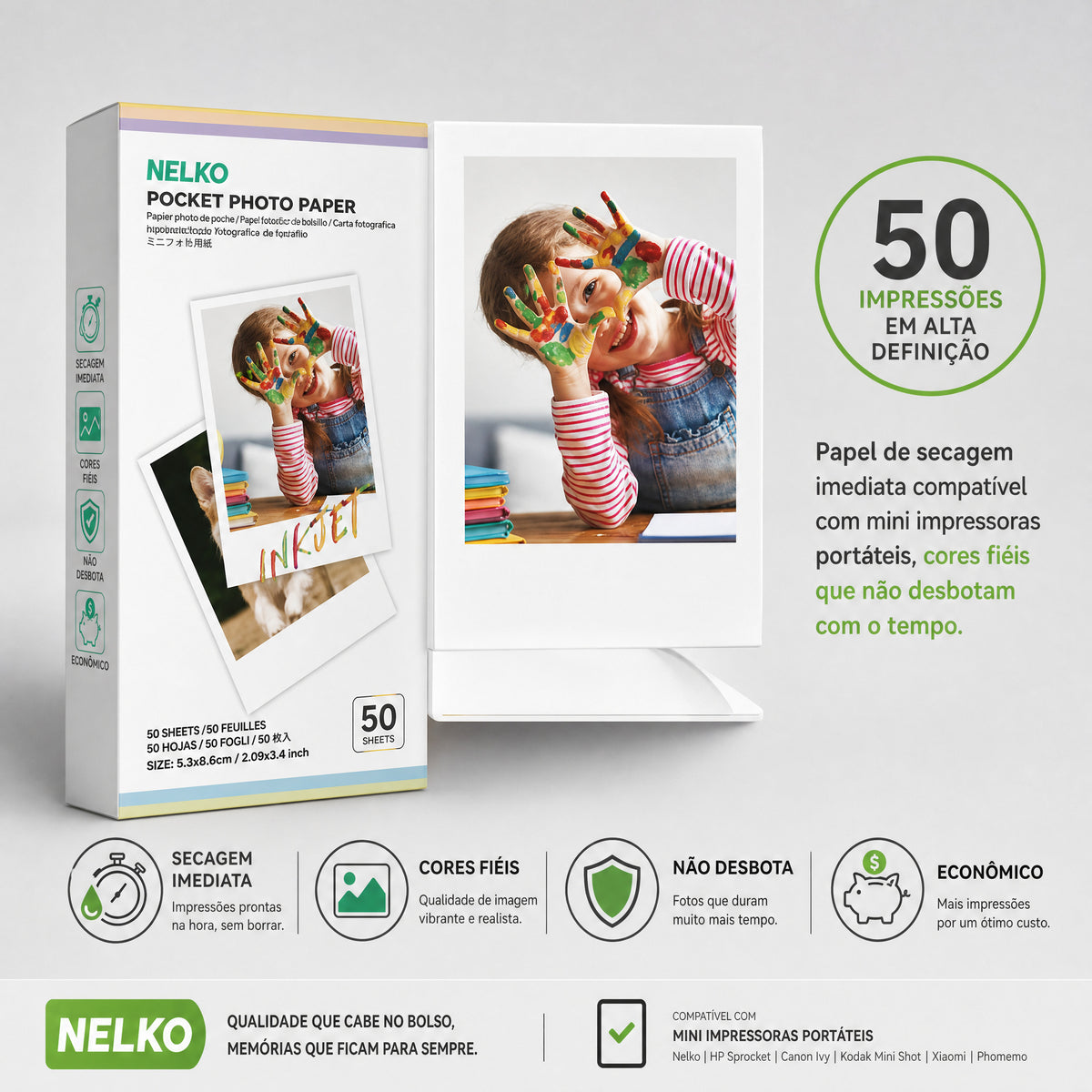 Papel Fotográfico Premium NELKO 50 Folhas 5x9 cm Não Adesivo