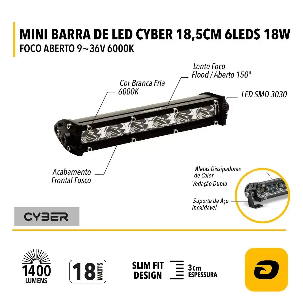 Mini Barra de Led Slim Tarponn TP-6034 Foco Aberto 6000k 18w