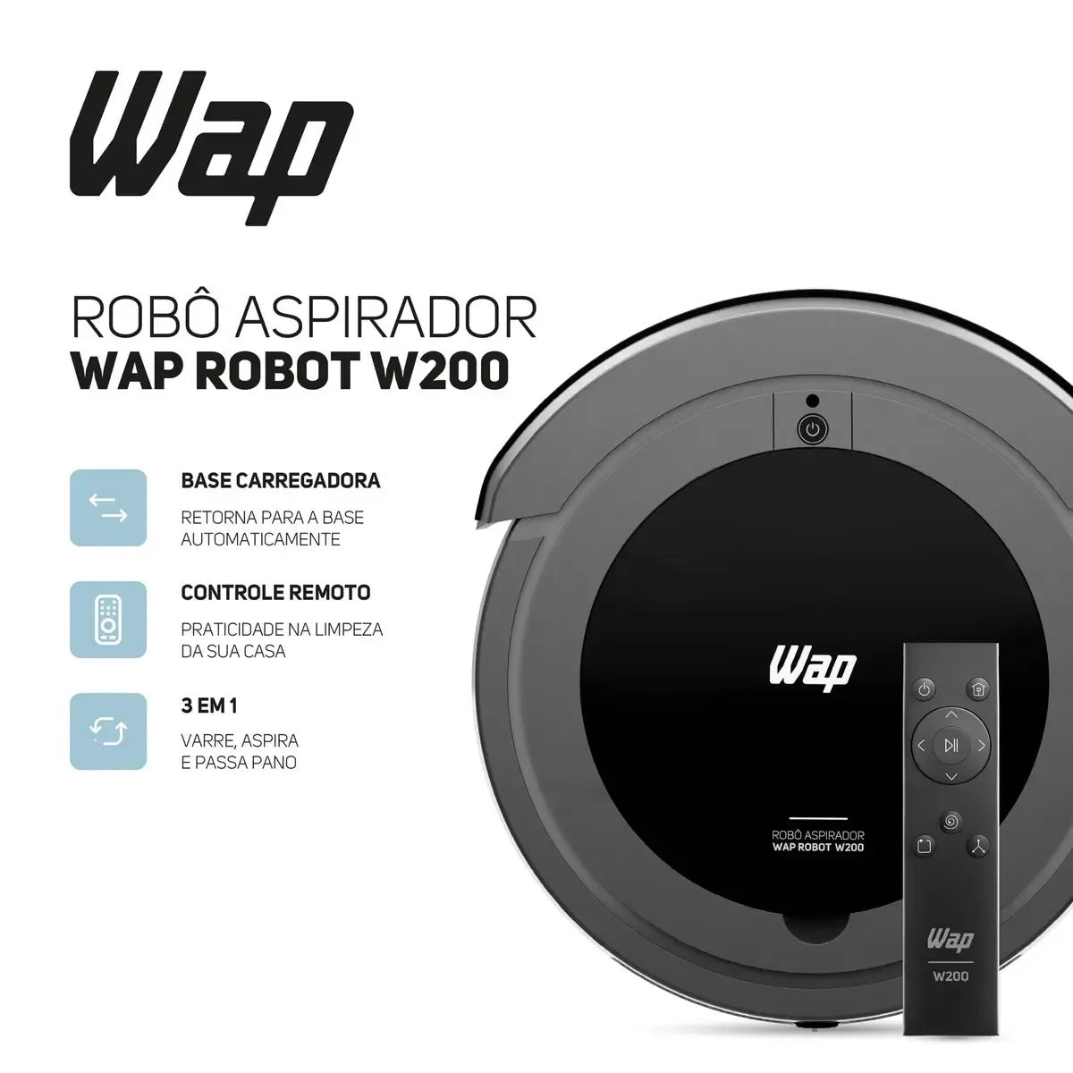 Robô Aspirador WAP Robot W200 3 em 1 Com Controle Bivolt