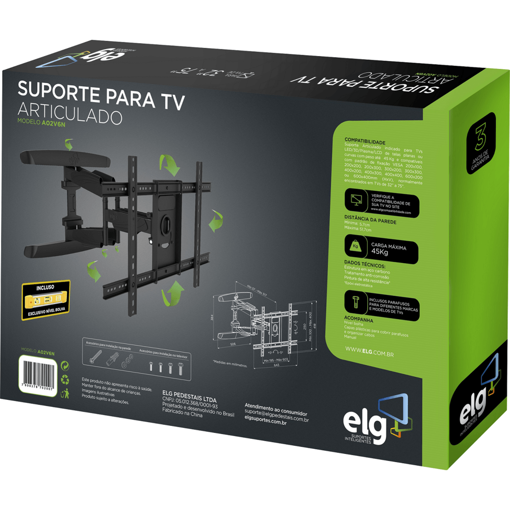 Suporte de TV Articulado de Parede ELG A02V6N para 32” a 86”