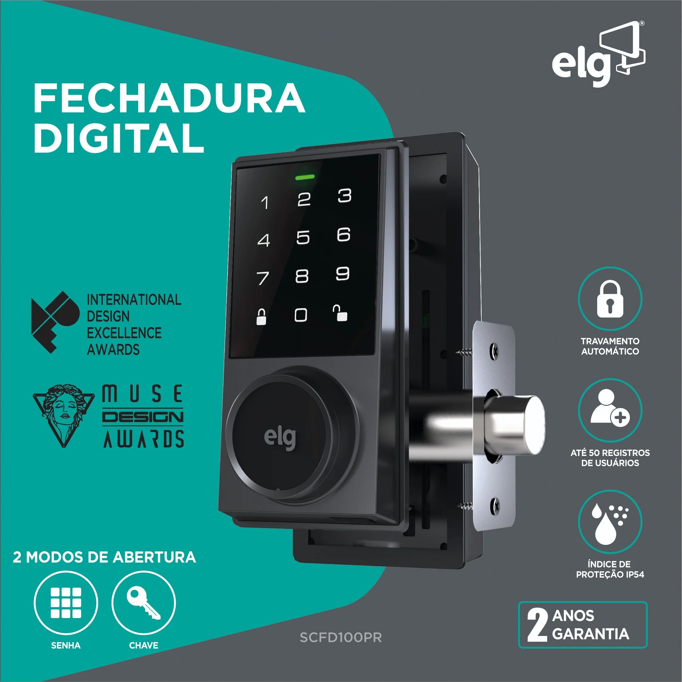 Fechadura Digital de Embutir ELG SCFD100PR com Senha e Chave