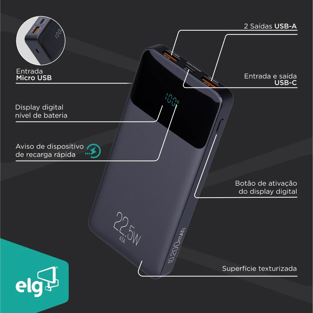 Carregador Portátil Power Bank ELG PB102BK 10200MAH 22,5W
