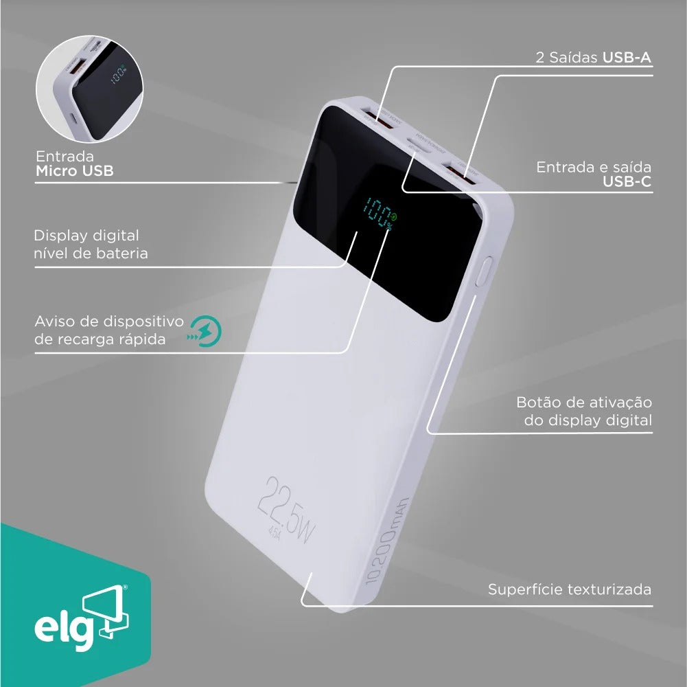 Power Bank Carregador Portátil ELG PB102WH 10200MAH 22,5W