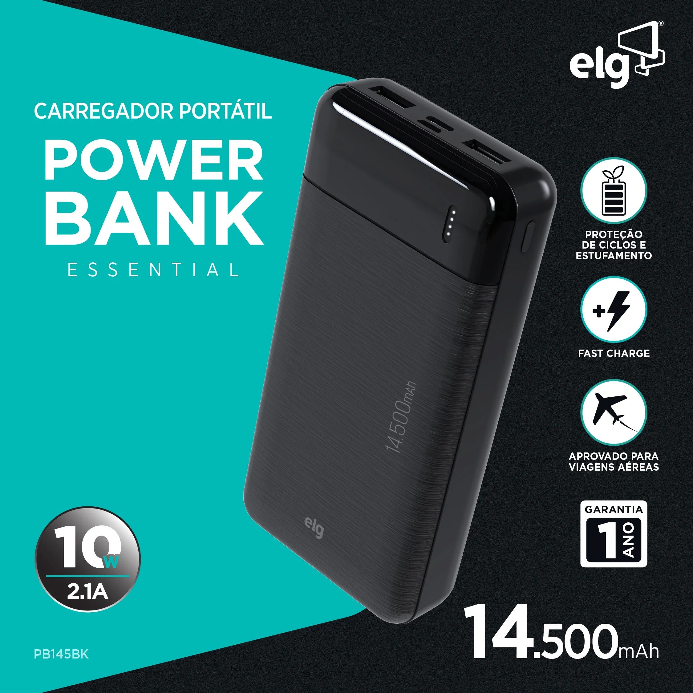 Power Bank Carregador Portátil ELG PB145BK 14500MAH 10,5W