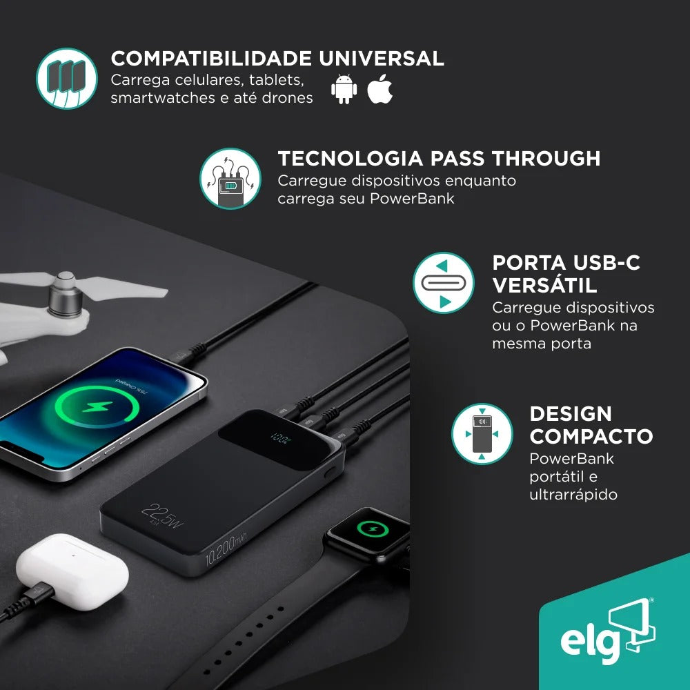 Carregador Portátil Power Bank ELG PB102BK 10200MAH 22,5W
