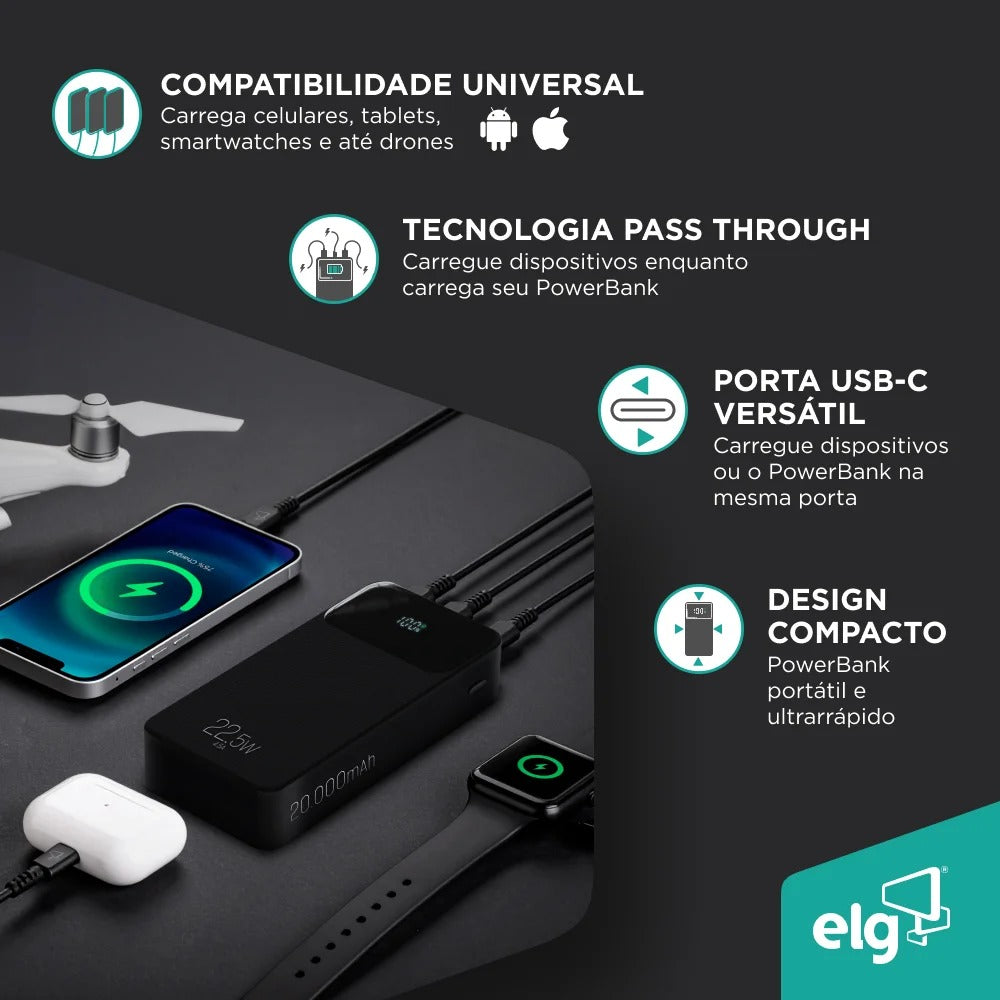 Power Bank Carregador Portátil ELG PB200BK 20000MAH 22,5W