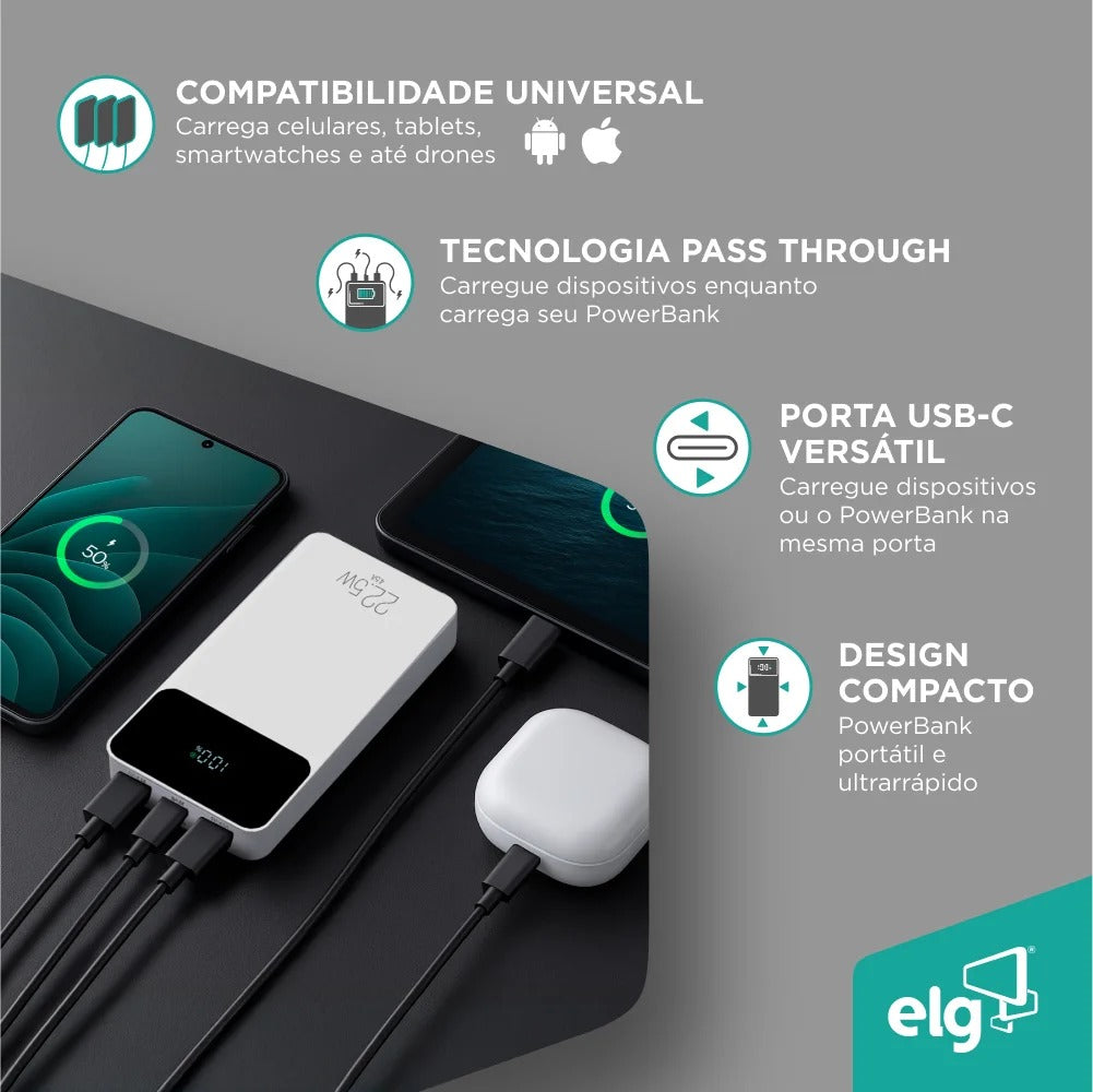 Power Bank Carregador Portátil ELG PB102WH 10200MAH 22,5W