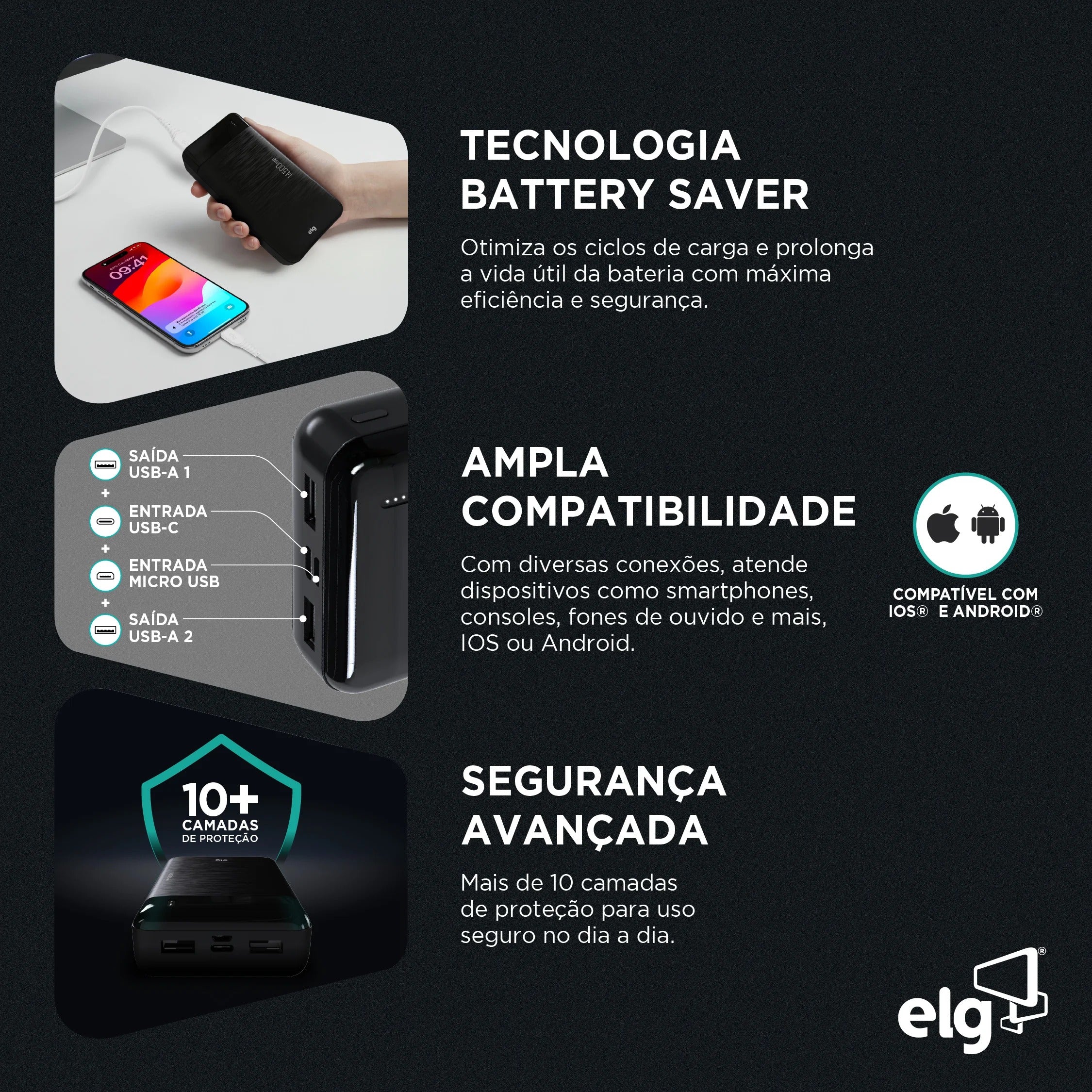 Power Bank Carregador Portátil ELG PB145BK 14500MAH 10,5W