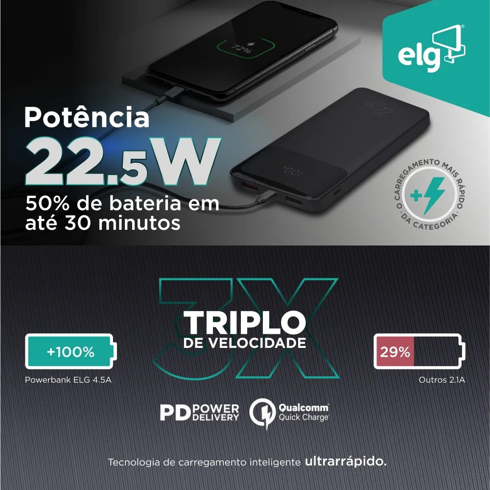 Carregador Portátil Power Bank ELG PB102BK 10200MAH 22,5W