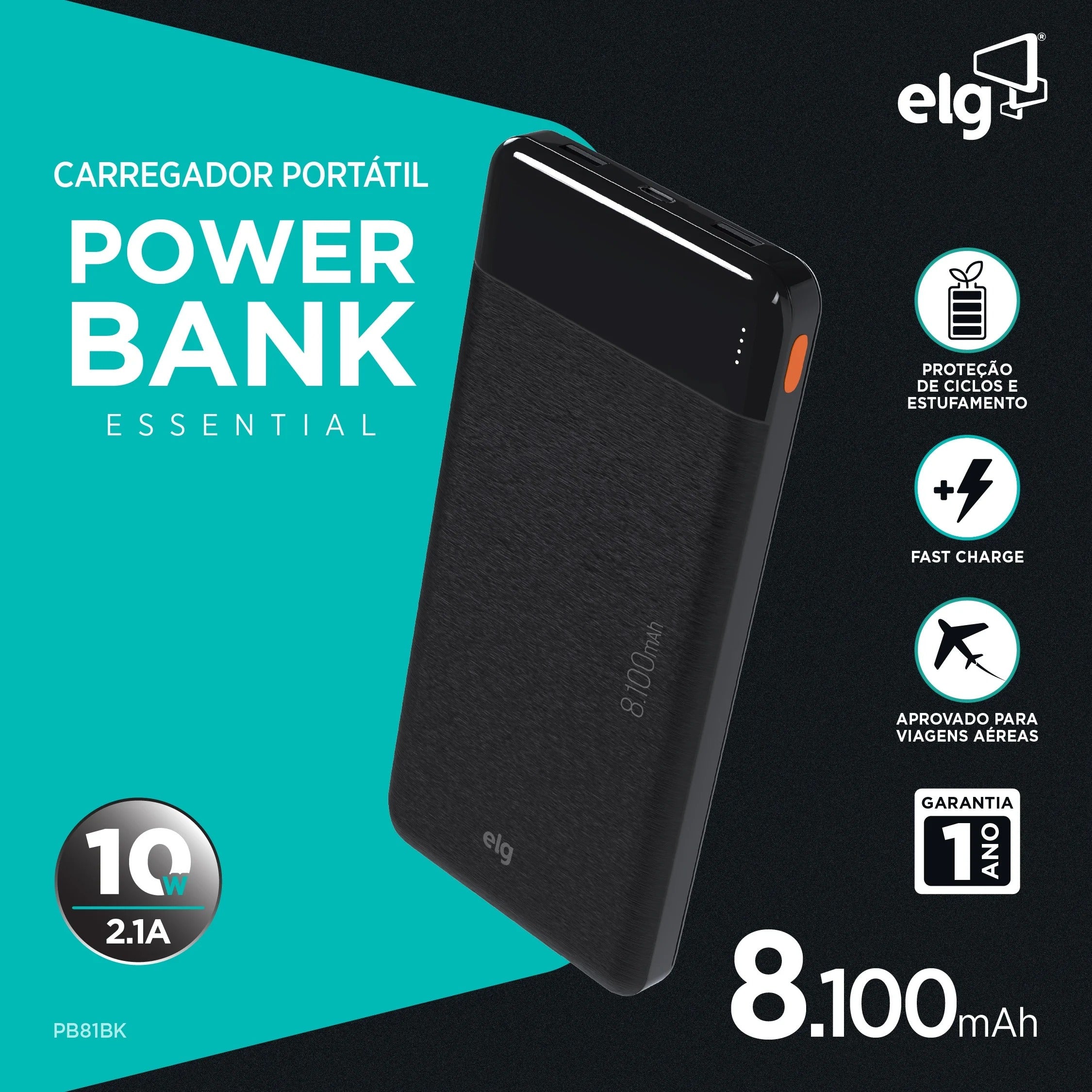 Power Bank Carregador Portátil ELG PB81BK 8100MAH 10,5W